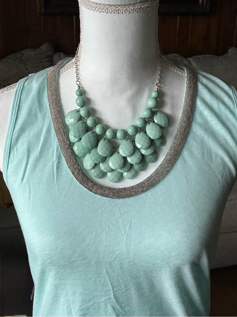 Vintage Mint Green Teardrop & Bubble Bead Statement Bib Necklace